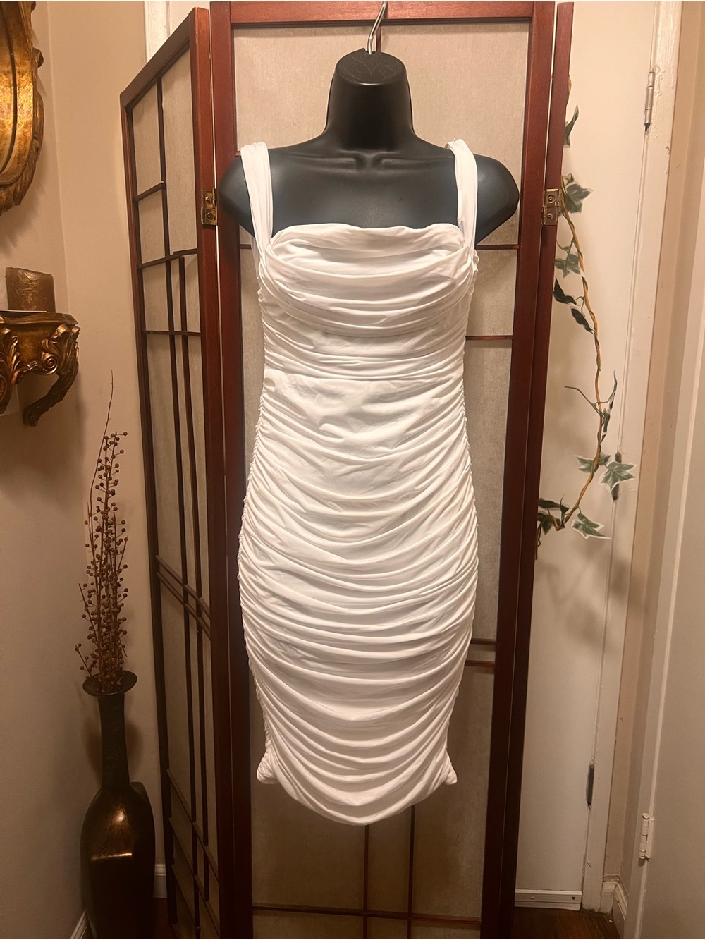 White Ruched Bodycon Dress with Square Neck